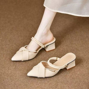 Summer French Pointed Toe Pearl Decoration Slip Ons Sandals Womens Retro Fashion Soft Leather Mules Paired With Skirts Slippers