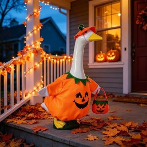 OUTOPEN Three Piece Set Porch Goose Costume Bright Orange Pumpkin Shape Lawn Statue Clothing Goose Clothes Decor Elastic Waist Pumpkin Outfit Set Garden Statue
