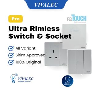 SIRIM Retouch Wall Switch and Ultra Rimless Socket Slim Modern Stylish Switch 1 to 4 Gang 13A 15A 20A 45A Door Bell Astro TV Telephone White