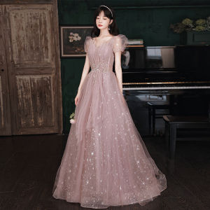 Glary Star Bubble Sleeve Evening Dresses Female New Temperament Pink Fairy Sen System Party Banquet Host Art Exam Dress Dresses