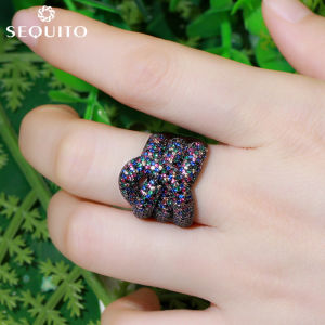 SEQUITO Vintage Exaggerated Micro Cubic Zirconia Setting Colorful Open Cuff Ring for Women Personality Trendy Adjustable Finger Jewelry SR039