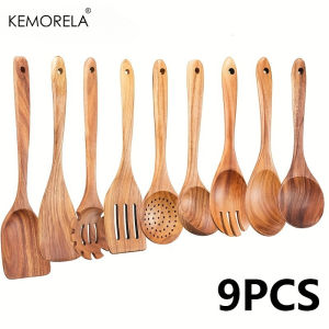 9PCS Acacia Wood Kitchen Utensils Set - Natural Wood Cooking Spoons Spatulas Noodle  Non-Stick Durable Wooden Cookware2026