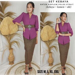 Kanaya Setelan Kebaya bali katun airflow strait lengan kerut dan rok katun batik Obi kebaya wisuda pengantin pesta modern