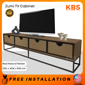(FREE Installation+Shipping) KBS Zumi 7FT TV Cabinet / Solid Walnut Wood Veneer / Real Natural Rattan Panel  / Large Drawer Storage / 210L x 40W x 50H cm