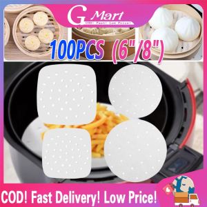 100pcs 6/8 Inch Air Fryer Liners Perforated Non-stick Mat Steaming Baking Cooking White Pot Oil Paper Accessories Silicone-Oil-Paper