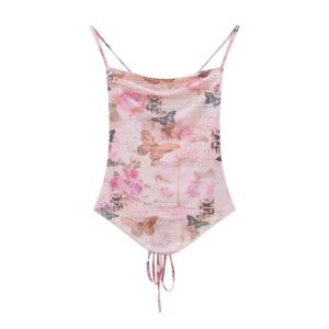 เสื้อยืดผู้หญิง สายเดี่ยวสีชมพู ผ้าตาข่ายมีซับใน พิมพ์ลายกุหลาบผีเสื้อ ด้านหลังมีรูร้อยสานเชือกผูกโบว์ เสื้อครอป #3039