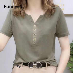 Blouse For Women Short-sleeved V-neck Korean Style T-shirt Plus Size Loose Slub Cotton All-matc V-neck Top Cotton