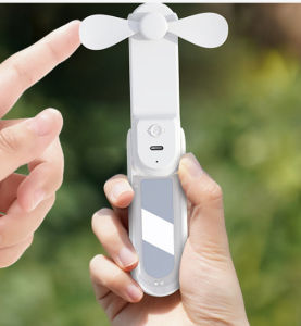Quạt tích điện mini cầm tay 1500mah quạt cầm tay gấp gọn sạc type C đèn led dây đeo đi kèm
