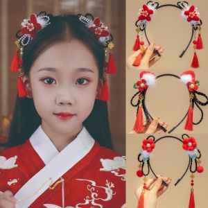 ANIME FAN สไตล์จีนจีน ที่คาดผม Hanfu ไข่มุกไข่มุก สีแดงเเดง ที่คาดผมพู่ดอกไม้ หมวกสไตล์โบราณ น่ารักน่ารักๆ หมวกสำหรับปีใหม่ สำหรับเด็กๆ