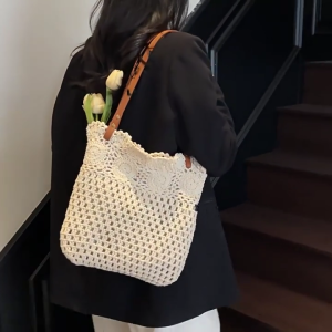 กระเป๋าผ้าฝ้ายสิ่งทอแฟชั่นกลวงสำหรับความจุขนาดใหญ่สำหรับผู้หญิงกระเป๋าถือกระเป๋าสะพายไหล่ลำลองสำหรับชายหาดหรือใช้ในชีวิตประจำวัน