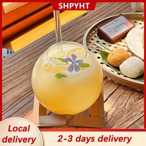 [COD] SHPYHT Local delivery Ship within 24 hours Cocktail Glass Cup With Wood Stand Creative Bar Glassware Drink Cup Ronud Ball Cocktail Mug Fruit Moon Juice Tumbler
