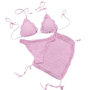 Tay Crochet Bộ Đồ Tắm cho phụ nữ đồ bơi hở lưng nâng Đồ bơi cho bé gái Bộ 3 pcs Đồ bơi họa tiết kẻ beachwear