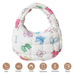 Luxury Women Tote Bag with Quilted Pattern and Bowknot Print Spacious Bubble Handbag