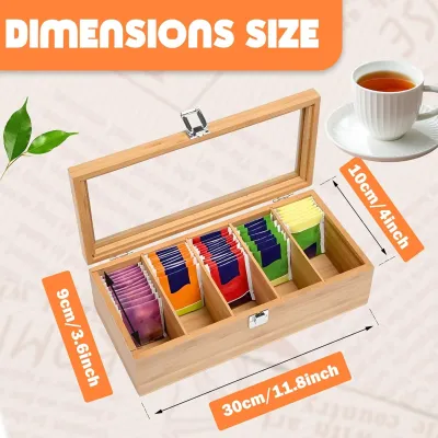 Tea Bag Storage Organizer Wooden Tea Bag 5 Compartment Storage Box With Clear Lid Countertop Box For Kitchen Office Spices Seasoning