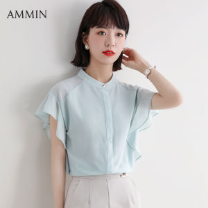 AMMIN Korean Short Sleeve Chiffon Shirt For Women 2021 Summer Ruffled Temperament Round Neck Top Lady Fashion Loose Large Size Casual blouse