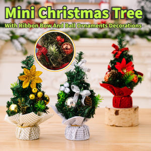 CuddleCove Mini Christmas Tree Artificial Tabletop Xmas Tree with Ribbon Bow and Ball Ornaments Home Party Holiday Decor Christmas Gifts