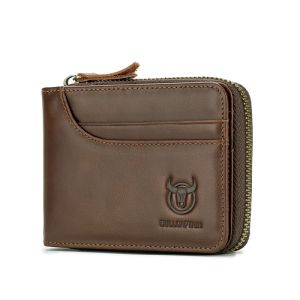 BULLCAPTAIN Mens Genuine Leather Wallet Business Casual Retro RFID Zipper Coin Purse Multi-Card Slot Cash Clip