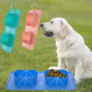 PETPARADIS Soft Silicone Folding Dog Bowl with Flannel Bag 2-in-1 Folding Double Bowls Portable Anti Slip Cat Water Feeder for Dogs/Cats