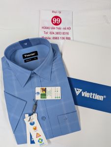 [Việt Tiến] Áo Sơ Mi Ngắn Tay - Regular (Suông) - Vạt Vuông - Kẻ ô màu xanh da trời