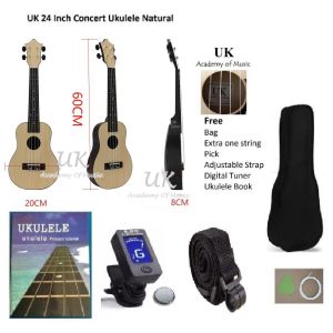 UK Concert Ukulele Professional Wood 24 Inch Free Bag Extra One String Pick Strap Tuner Book (18 Frets)