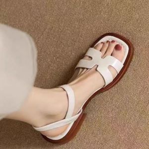[Free Shipping] Chunky Heel Thick-Soled Open-Toe Square-Toed College Style Sandals for Women Summer Soft Leather Low-Heel Comfortable Flat Roman Shoes