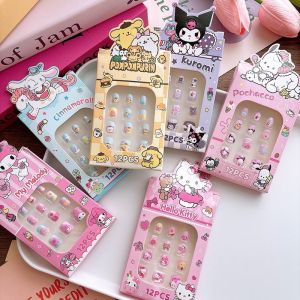 12Pcs Cartoon Sanrio False Nail Hello Kitty Kuromi Cinnamoroll Cartoon Press on Nails Colorful Nail Stickers DIY Toy for Kids