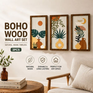 Wood Wall Hanging Decor Set Boho Hollow Leaf Pattern Rustic Home Art For Living Room