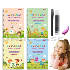 Buku Ajaib Edukasi Anak Belajar Menulis | Reusable Sank Magic Practice Writing Book | Buku Latihan Menggambar Menghitung Menulis Huruf & Angka | Buku 3D Prasekolah Paud TK 1 Set 4 Buku + Pulpen Bisa Untuk Kado Hadiah Ulang Tahun Anak