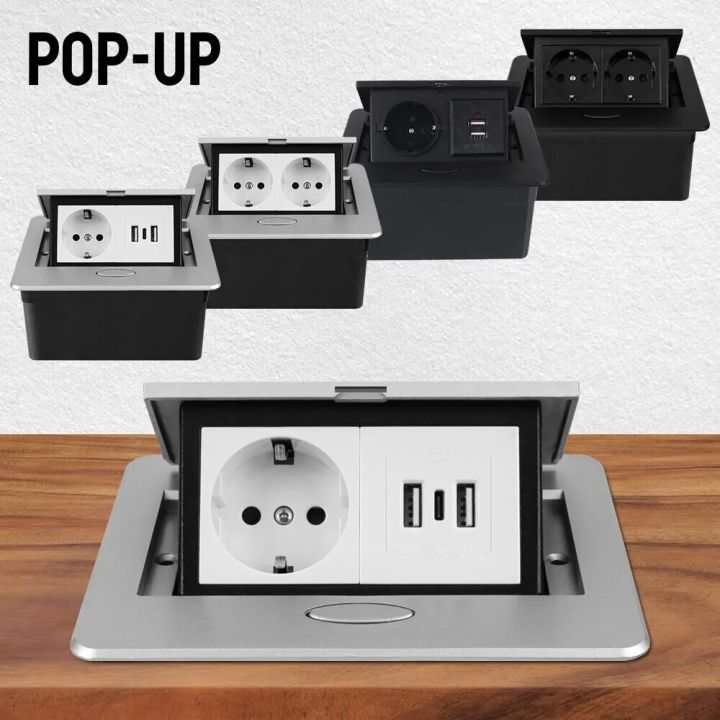 FGHG Black and silver hidden desktop sockets, 220V D. Lique panel, slow popup, EU USB TypeC