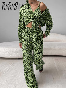 Leopard Pajamas For Women 3 Piece Sets Loose Long Sleeve Sleepwear Female Casual Bra Autumn Fashion Trouser Suits