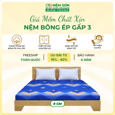 Nệm Bông Ép Gấp 3 [Nệm Sơn Miền Trung] Dày 9cm Cân Nặng 12kg - Đệm Ép Khối Cứng Cáp Nâng Đỡ Chống Đau Lưng [Tặng 2 Ruột