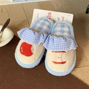 WY-XIXITIAO แอปเปิ้ลสีแดงน่ารัก Ins บล็อกสีลายสก๊อตรองเท้าขนสัตว์ฤดูใบไม้ร่วงฤดูหนาวในร่มลำลองปิดนิ้วเท้ารองเท้าผ้าฝ้ายใส่แล้วอุ่นสำหรับผู้หญิง