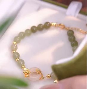 Viviann Original sterling silver Hetian Jade Peace Buckle Bracelet for Women 925 Sterling Silver 14K Gold Plated Fu Charm Beaded Bracelet Elegant Chinese Style Jewelry Gift