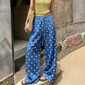 Elegant Polka Dot Printed Pants Women Summer Casual Drawstring Trousers For Women Fashion Wide Leg Pants White Streetwear