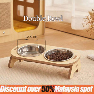 Bamboo Pet Bowl Detachable Cat Dog Food Water Feeder Double Bowl Wooden Bowl Spine Protection Mangkuk Kucing