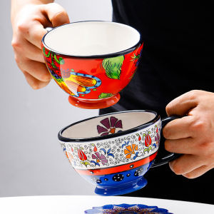 OMK Big Red Flowers Series 450ML Breakfast Cup Ceramic Mug Coffee Cup