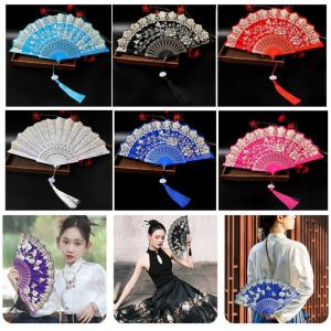 MACRAMEX Embroidered Folding Fan Photography Props Multicolors Chinese Wedding Cloth Folding Fan High Quality Stamping Gold Blocking Fan Hand Held Party Decoration