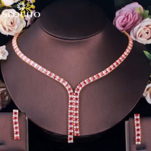 SEQUITO Gorgeous Crystal Long Pendant Necklace Earrings Setting Yellow Gold Plated CZ Ethiopian Indian Jewelry Set SJ186