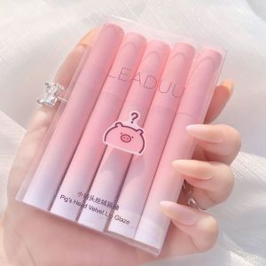 5 Pcs Lip Tint Set Waterproof Lipstick Set Piggy Head Velvet Lip Glaze Suit Matte White Women Girl Lipstick Water Proof Original Set Makeup Lipgloss Longlasting Lipsticks Set