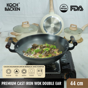 KOCH&BACKEN Premium Nitriding Light Cast Iron Wok Round Bottom 44cm - Wajan Kuali Penggorengan Anti Lengket