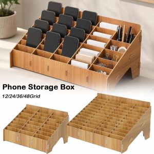 FLYING Detachable Phone Storage Box 12/24/36/48Grid Wooden Desktop Organizer Easy Install Phone Holder Stand for Office Student Use