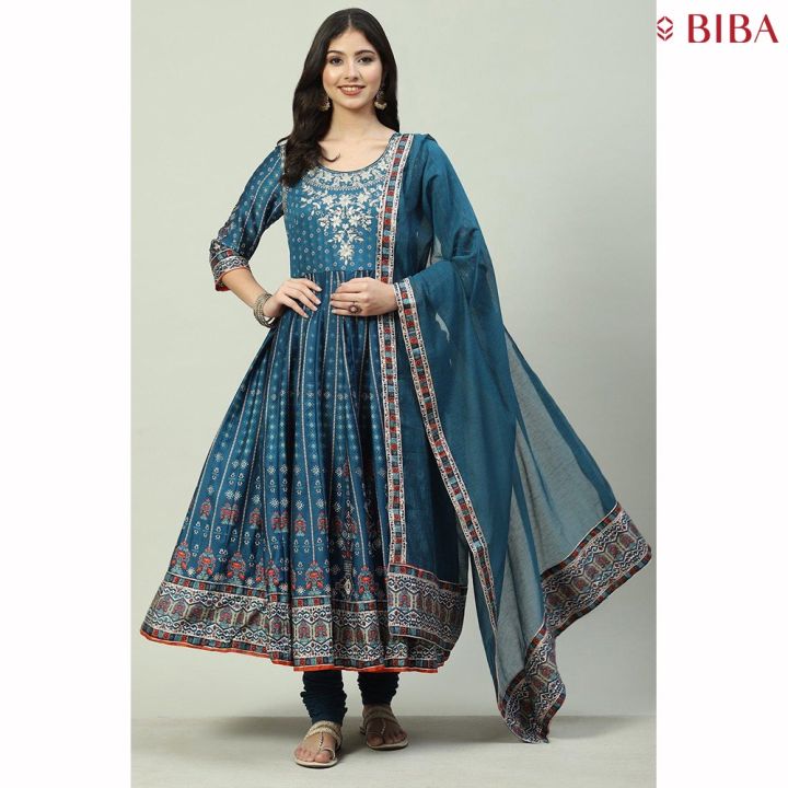 BIBA Ethnic Indian Wear Women's Teal Cotton Anarkali 3/4 Sleeve
