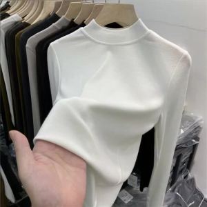 Basic High Quality Pure Cotton White T-shirt for Women Elegant Slim Top  Womens Half Turtleneck Long Sleeve T-shirts2026