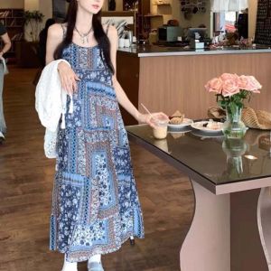 🌟CORE🌟2025 NEW Printed Suspenders Beach Dress Women Ethnic Style A-line Large Hem Long Dresses