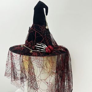 YOUSHI TOP Gothic Style Witch Hat Black Spider Mesh Veil Wizard Hat Dark Gauze Decoration Cosplay Hat Halloween