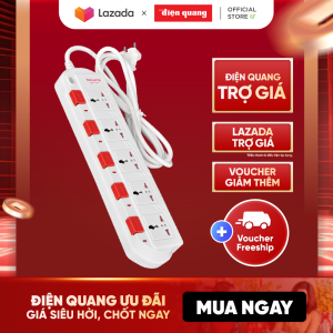 Ổ cắm Điện Quang ĐQ ESK 5W.SM750SL (5 lỗ 3 chấu dây 5 mét màu Trắng Đỏ) - Tương thích nhiều loại chân cắm có màn chắn thông minh an toàn cho trẻ nhỏ. Công suất 3200W. BH 12 tháng