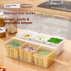 KENTAI กล่องเก็บของในครัวขนาดใหญ่ 3 ช่อง พร้อมฝาปิด สำหรับเก็บกระเทียม หอม ขิง และผักสด คงความสดใหม่ได้ดี