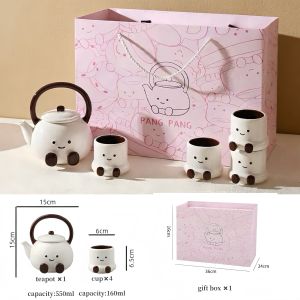 Cute Ceramic Tea Set 1 Teapot 4 Cups with Tray Gift Box Set Coffee Tea Cup Set Office Tea Set Heat Resistant Microwave Safe Housewarming Wedding Birthday Gift Home Office