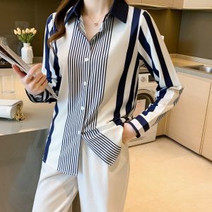 Fashion Korea Garis-garis Biru Kemeja Lengan Panjang Wanita Kemeja Kerah Kerja Kasual
