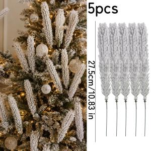5/10Pcs Christmas Pine Needle Branch Cypress Leaf Flocked Pine Xmas Tree Artificial Fake Plant Wreath Ornament Snow Twig Decor